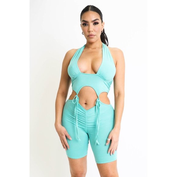 Womens Ruched Detailed Cutout Tie Waist Sleeveless Halter Open Back Romper S M L - Picture 11 of 12